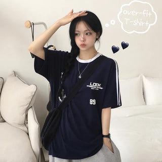 Cute Oversized, Blockcore Uniform Track Number Lettering Print Loose Fit Short Sleeve T-shirt
