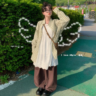 Pineapple Check Oversized Shirt, Layered, All-Season, Salanta Loose Fit Boxy Unisex Cotton Shirt