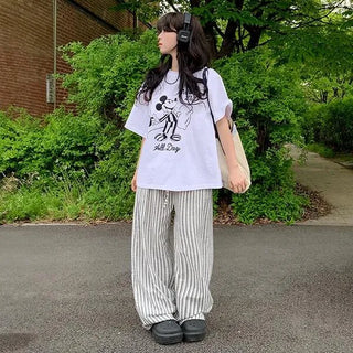 Sleepy Print Mickey Short Sleeve T-shirt Character Oversized Loose Fit Lettering Round Neck Short Sleeve Tee