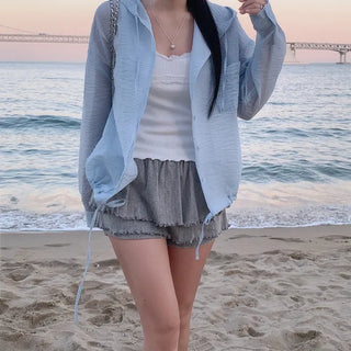 *Rustling*  Nylon Stripe See-through Hooded Shirt