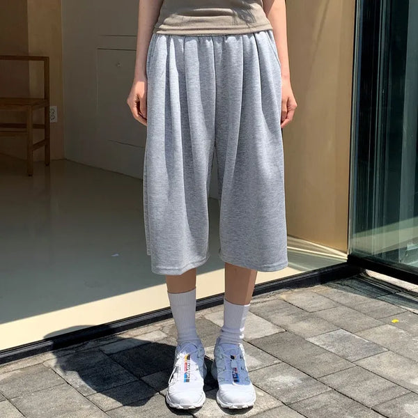 Kor Pintuck Wide Balloon Bermuda Half Pants Elastic Waist Pants