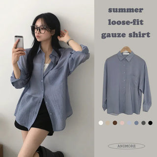 Sun Protection, See-through Gauze Delicate Loose Fit Must-Have Collar Pocket Long Sleeve Shirt