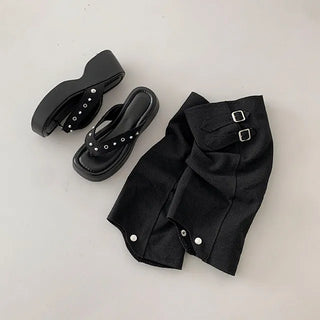 Detachable Warmer◈5cm Flip-flops Boots Warmer Platform Block Heel Pleated Shirring Buckle Long Boots Mid-calf Boots Summer Slippers Two-way Vintage Shoes