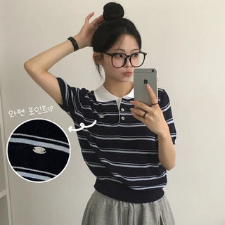 Summer Color Block Collar Button Striped Loose Fit Short Sleeve Knit