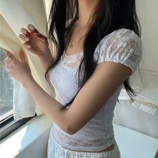Hara Lace Slim See-through Shirred Cap Short Sleeve