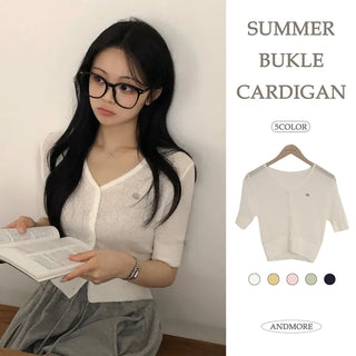 Summer Boucle V-Neck Pendant Semi-Crop Delicate Fit Knit Short Sleeve Cardigan