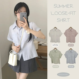 Cool~ Summer Stripe Two-Pocket Loose Fit Roll-up Short Sleeve Shirt