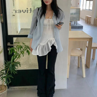 Ribbed Frill Elastic Banding Semi-Bootcut Pants 1 color