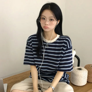 Color Block Round Stripe Boxy Loose Fit Short Sleeve T-shirt