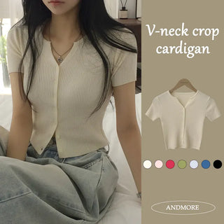 Soft V-neck Ribbed Slim Fit Semi-Crop Short Sleeve Knit Cardigan