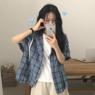 Protective Instinct Oversized, Check Boxy Loose Fit Hooded Short Sleeve Shirt