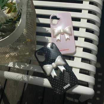 Pongee Dot Pink 3D Glitter Ribbon iPhone Case