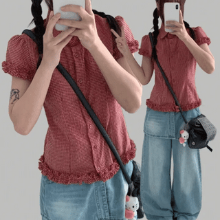 Accordion frill check short-sleeve shirt