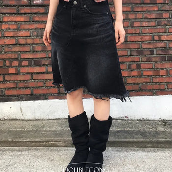 Black Denim Buckle Midi Skirt