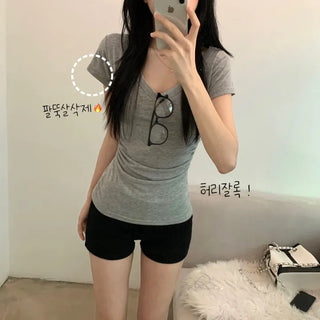 [Super Skinny Fit] Shirred Cap Sleeve V-Neck Basic Shirred Short Sleeve Tee