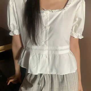 Yorke Square Neck Shirred Frill Short Sleeve Blouse