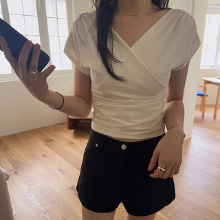 La Belle Shirred Drape V-Neck Cap Sleeve Raglan Short Sleeve T-Shirt