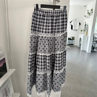 Dot Check Tiered Maxi Long Skirt