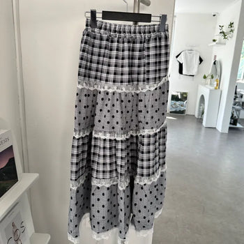 Dot Check Tiered Maxi Long Skirt