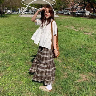 Hitomi Button Flare Short Sleeve Blouse Round Neck Tummy Control Shirring Daily Vintage Cotton Blouse