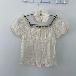 Yorkie Dot Ribbon Lace Short Sleeve Puff Blouse
