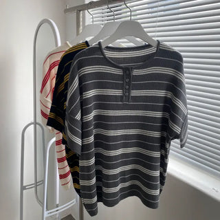 Bolt Stripe Button Oversized Short Sleeve Knit