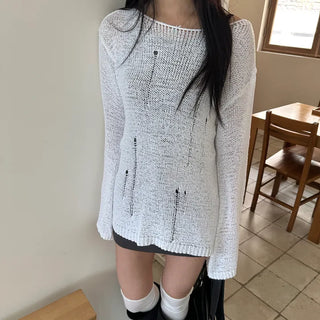 Heti Damaged Loose Fit Summer Boat Neck Long Sleeve Knit