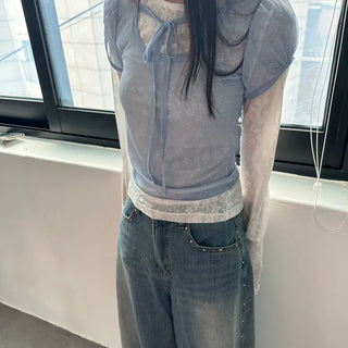 Tory Dot Mesh Puff Ribbon Short Sleeve Layered T-shirt