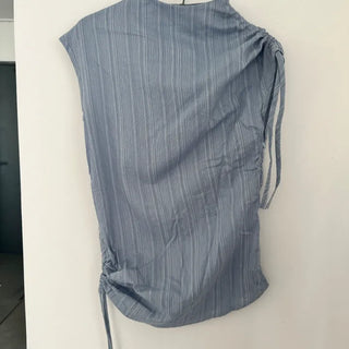 Ridge Shirred Striped Mock Neck Sleeveless Blouse