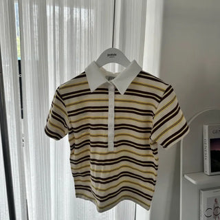 Thicker Slim Striped Short Sleeve Collared T-shirt