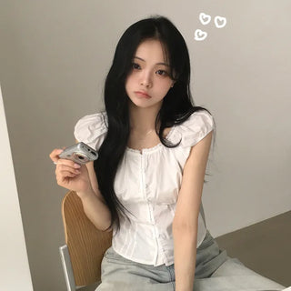 U-Neck Lace Pintuck Button Puff Sleeveless Blouse