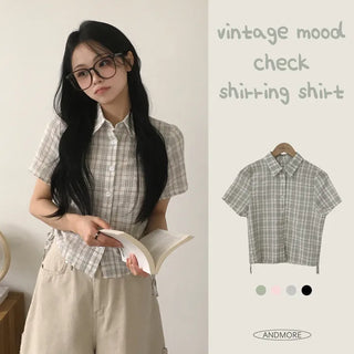 Vintage Mood, Cool Seersucker Embossed Shirred Check Short Sleeve Shirt
