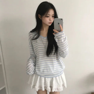 See-through Striped V-neck Pendant Avant-garde Loose Fit Long Sleeve Knit that Covers the Back of the Hand