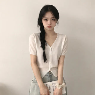 Summer Linen V-Neck Cinched Delicate Fit Knit Short Sleeve Cardigan