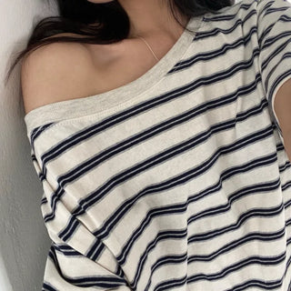 Retina Stripe Asymmetrical Off-Shoulder Boat Neck Short Sleeve Loose Fit T-shirt