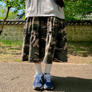 Use On Camo Frill Tiered Long Skirt Military Shirred A-Line Flare Maxi Cotton Skirt
