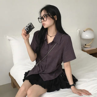 Vintage Mood, Summer Check Side Shirring Delicate Slim Fit Short Sleeve Shirt