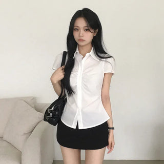 Geek Chic Pinstripe Plain Shirred Collar Slim Flare Delicate Fit Puff Sleeve Blouse