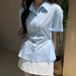 Creamy Ribbon Shirred Short Sleeve Shirt