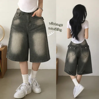 Guaranteed Fit, Vintage Washed Mid-Rise Wide Denim Knee-Length Big Pocket Bermuda Shorts