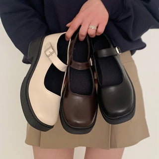 Basic Mary Jane Loafers Platform Heel Height-Increasing Strap High Teen Buckle Platform Flats Guest Look