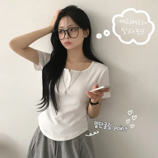 Fit Guaranteed, U-Neck Button Delicate Fit Rolled Hem Short Sleeve T-shirt
