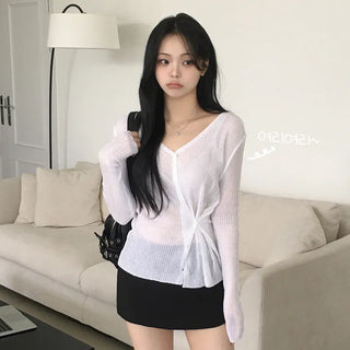 Full of delicate charm, soft, thin summer ribbed V-neck anti-salting two-way wrap knit long-sleeve cardigan t-shirt