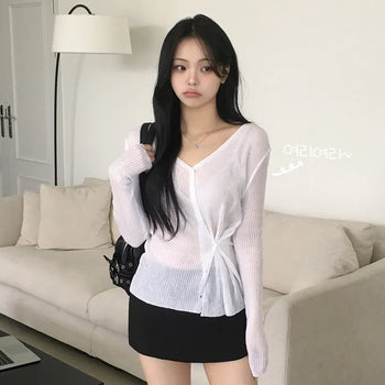 Full of delicate charm, soft, thin summer ribbed V-neck anti-salting two-way wrap knit long-sleeve cardigan t-shirt
