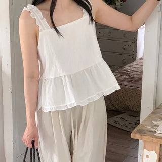 Back Ribbon Frill Sleeveless Bustier Blouse