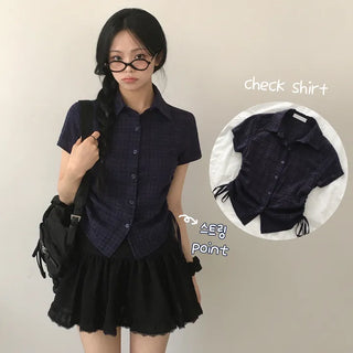 Vintage Mood, Lovely Summer Seersucker Gauze Small Check Side Shirring Short Sleeve Shirt