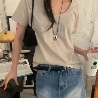 Natural Silky U-neck Round Short Sleeve T-shirt