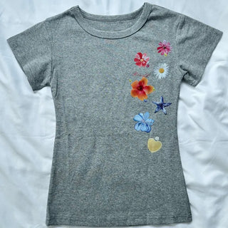 Side Flower Slim Round Print Short Sleeve T-shirt