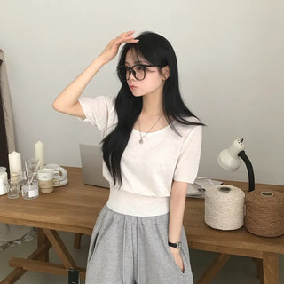 Slimming Summer Linen Pendant U-Neck Cinched Waist Delicate Avant-Around Fit Short Sleeve Knit