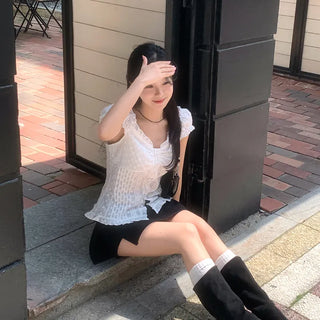 *Summer Mood* GL Button Punching Flower Pintuck Blouse